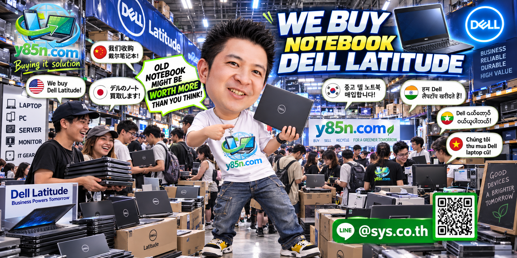 Y85N.com Dell Latitude buying service in a busy IT warehouse in Thailand