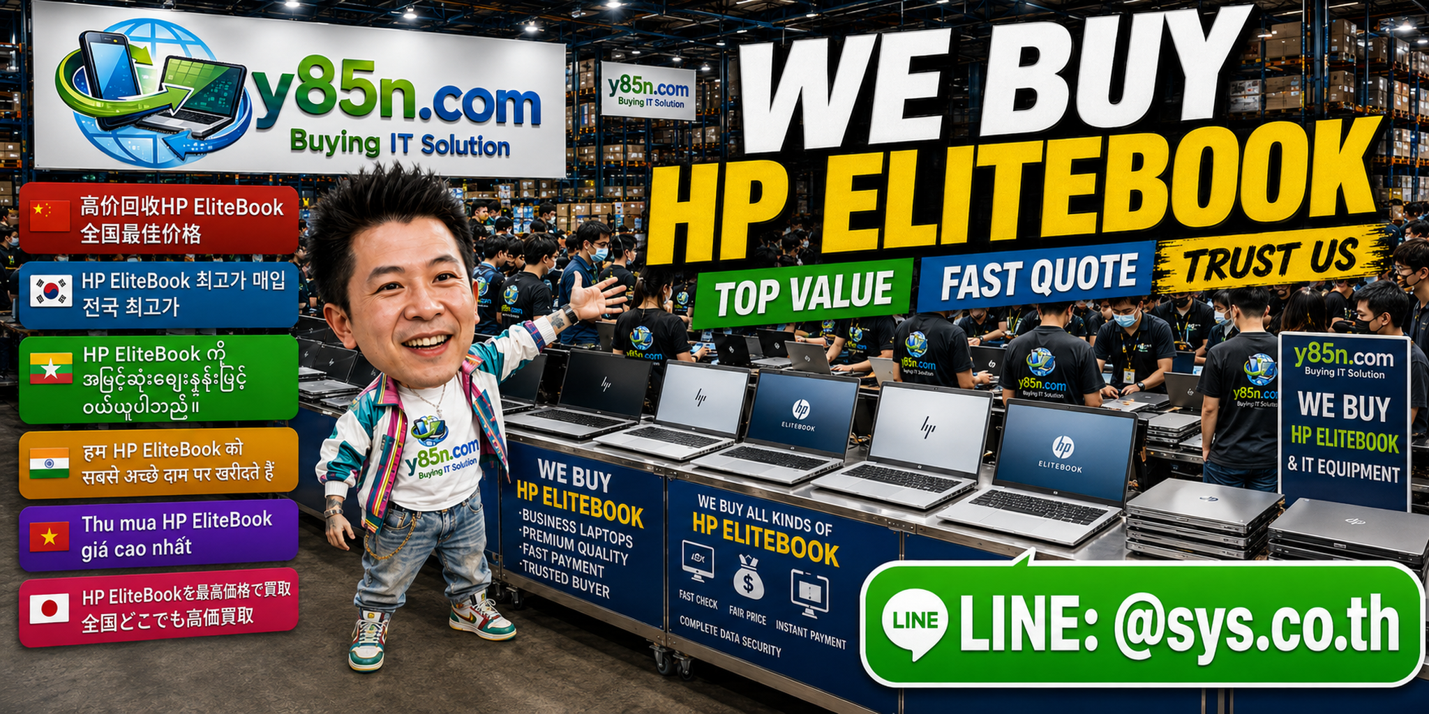 Y85N.com buying HP EliteBook notebooks in a busy Thailand IT warehouse