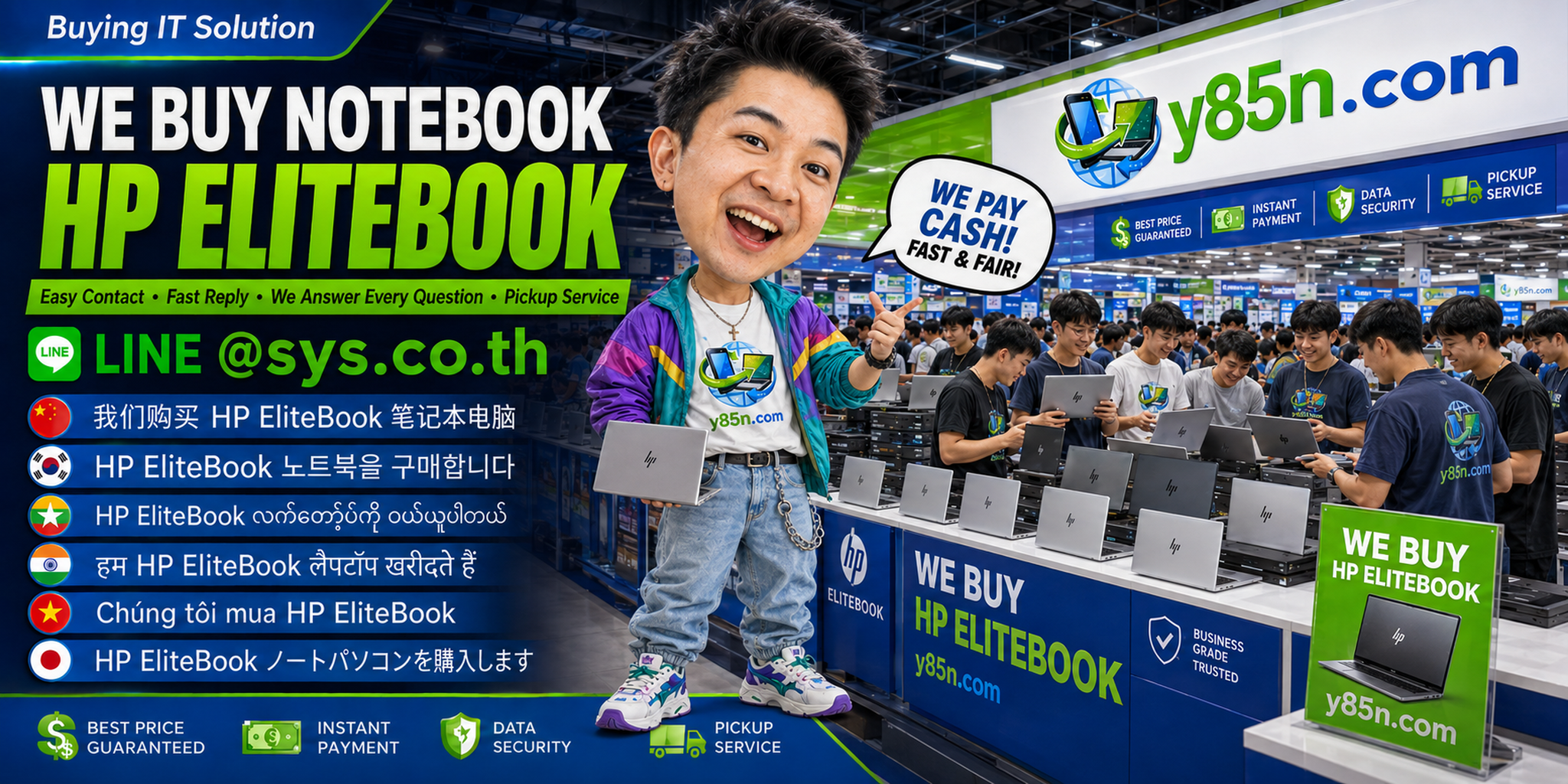 Y85N.com HP Victus notebook buying contact banner with LINE at sys.co.th