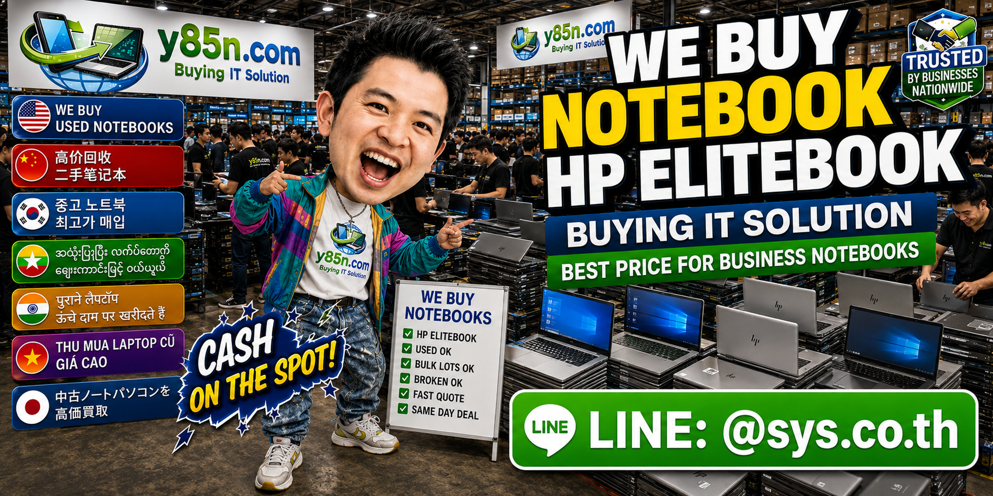 Busy Y85N.com HP Victus notebook warehouse with gaming laptops and customers in Thailand