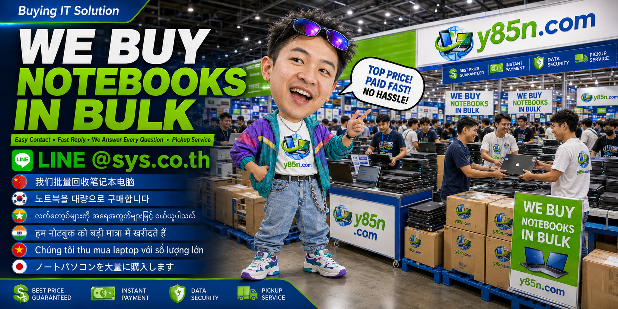 Y85N.com bulk notebook buying contact banner with LINE at sys.co.th