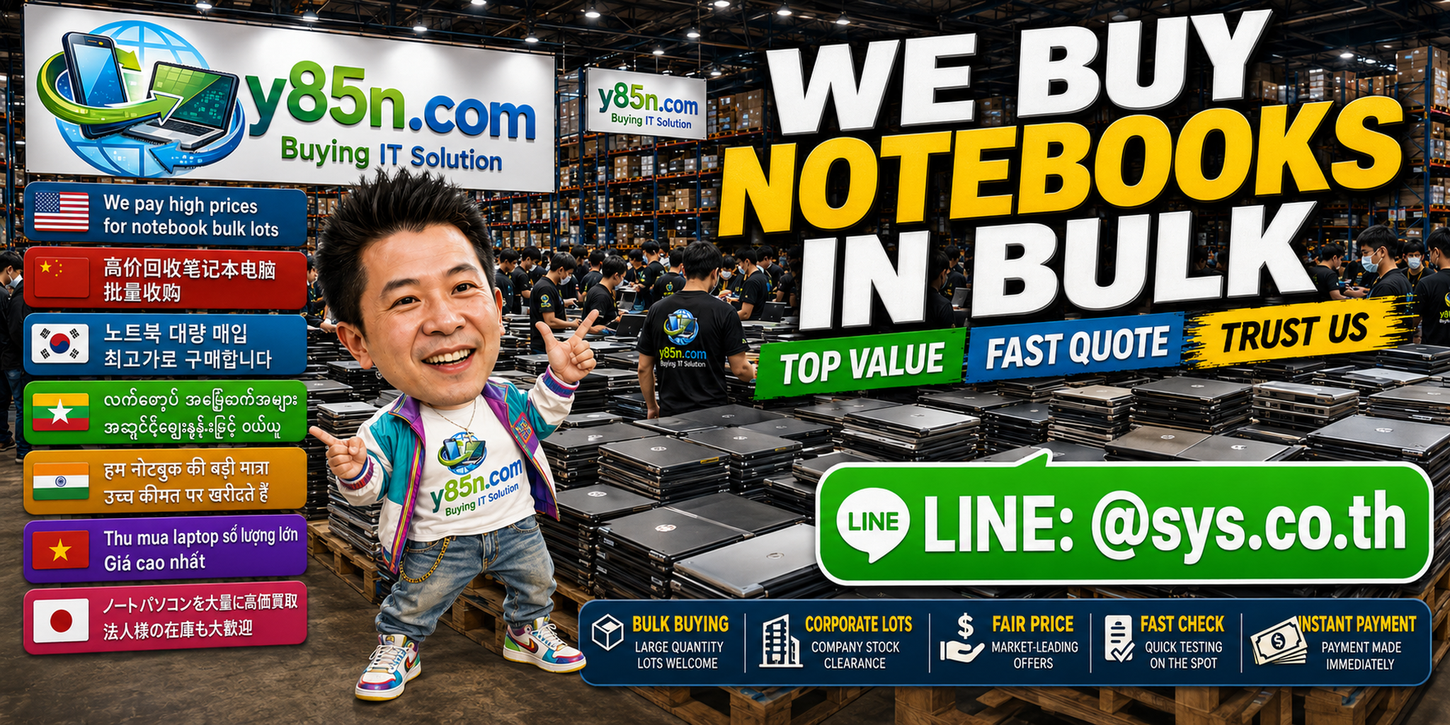 Busy Y85N.com warehouse buying notebooks in bulk from companies and international sellers in Thailand