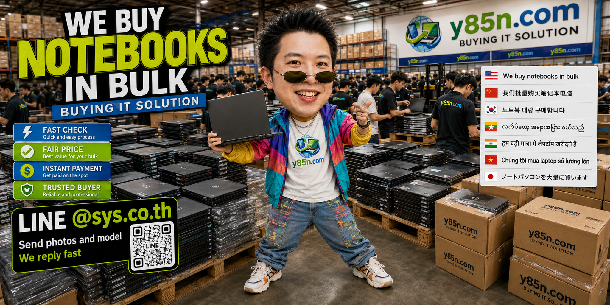 Y85N.com team handling a busy bulk notebook buying project in an IT warehouse