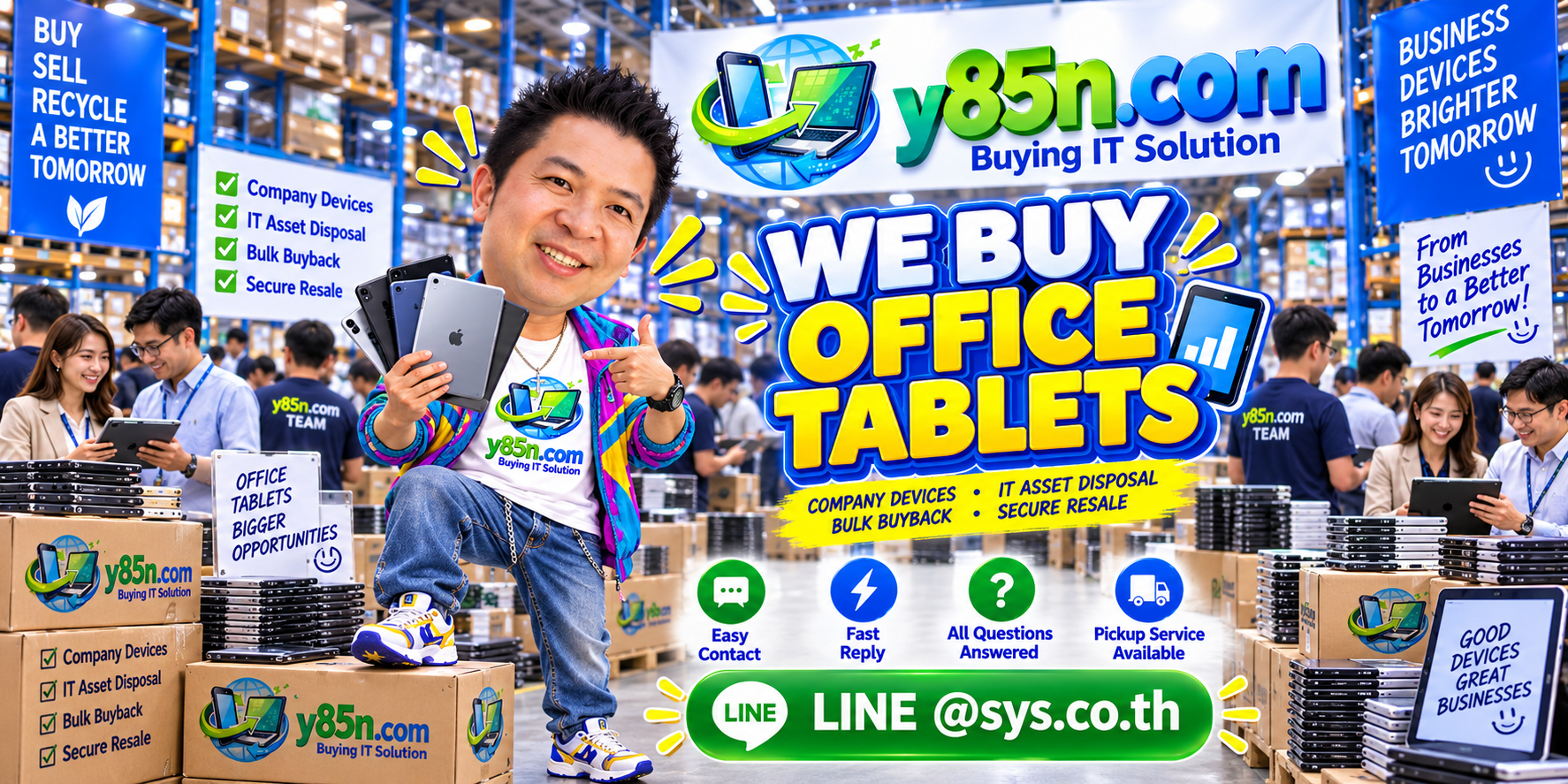 Y85N.com office tablet buying service contact banner with LINE at sys.co.th