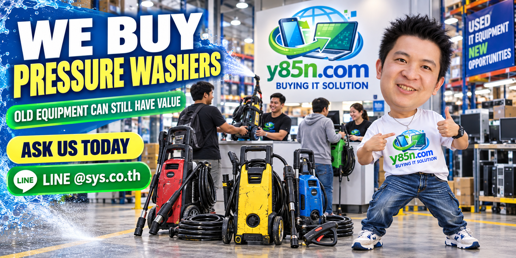 Busy Y85N.com warehouse buying used and commercial pressure washers in Thailand