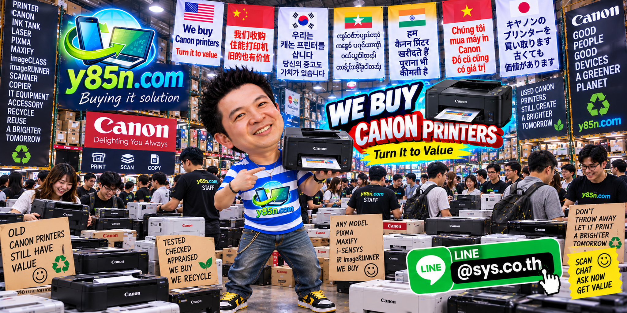 Busy Y85N.com warehouse buying used Canon printers in Thailand