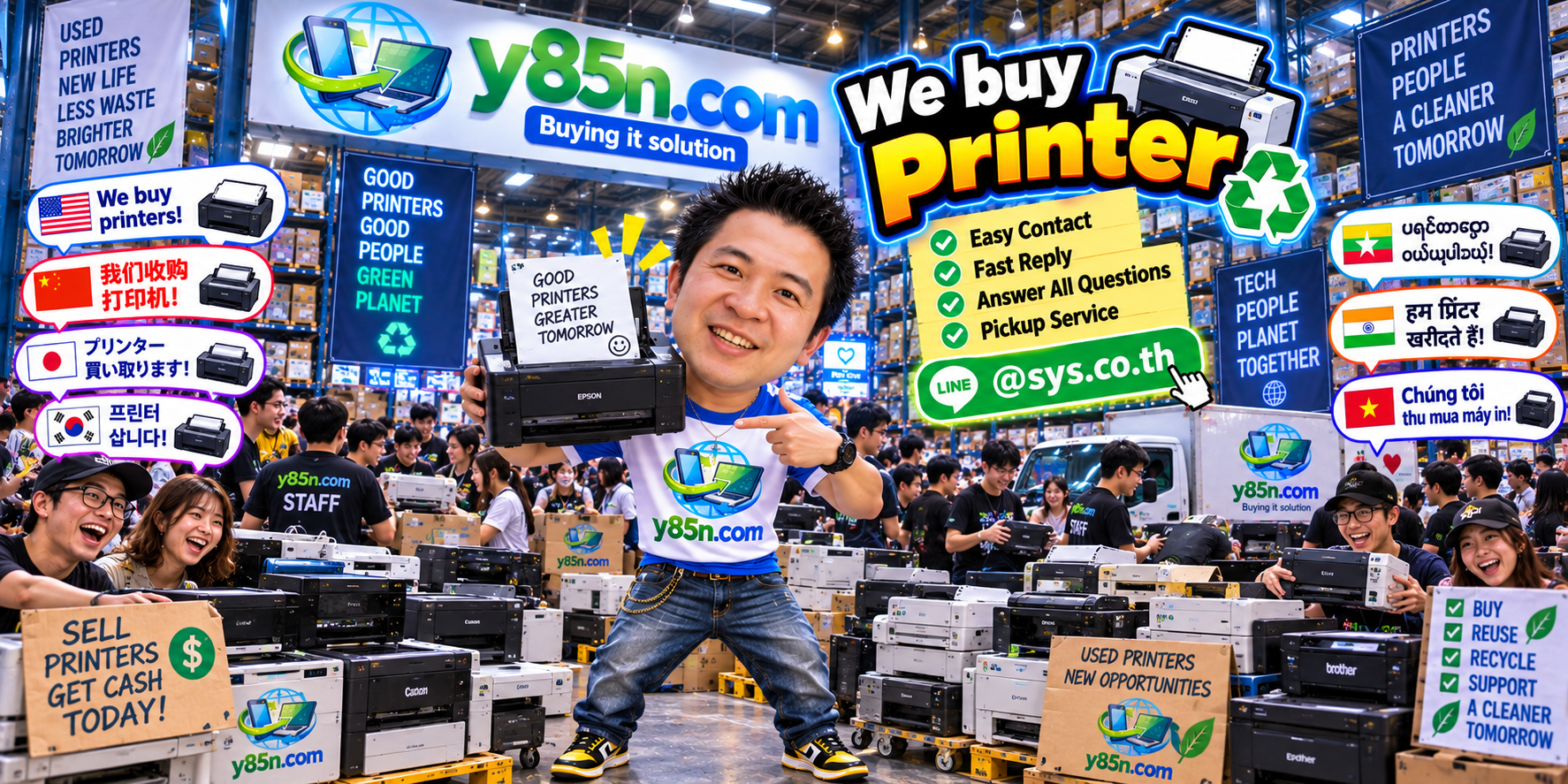 Y85N.com printer buying service contact banner with LINE at sys.co.th