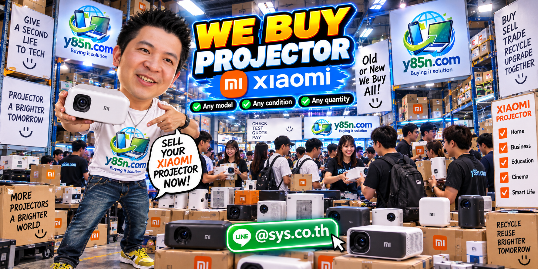 Y85N.com buying used Xiaomi projectors in a busy IT warehouse