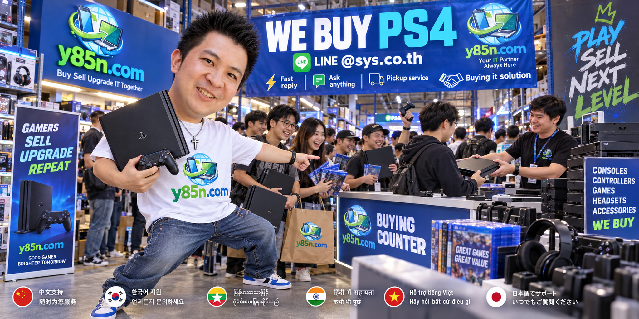 Y85N.com PS4 buying service contact banner with LINE at sys.co.th