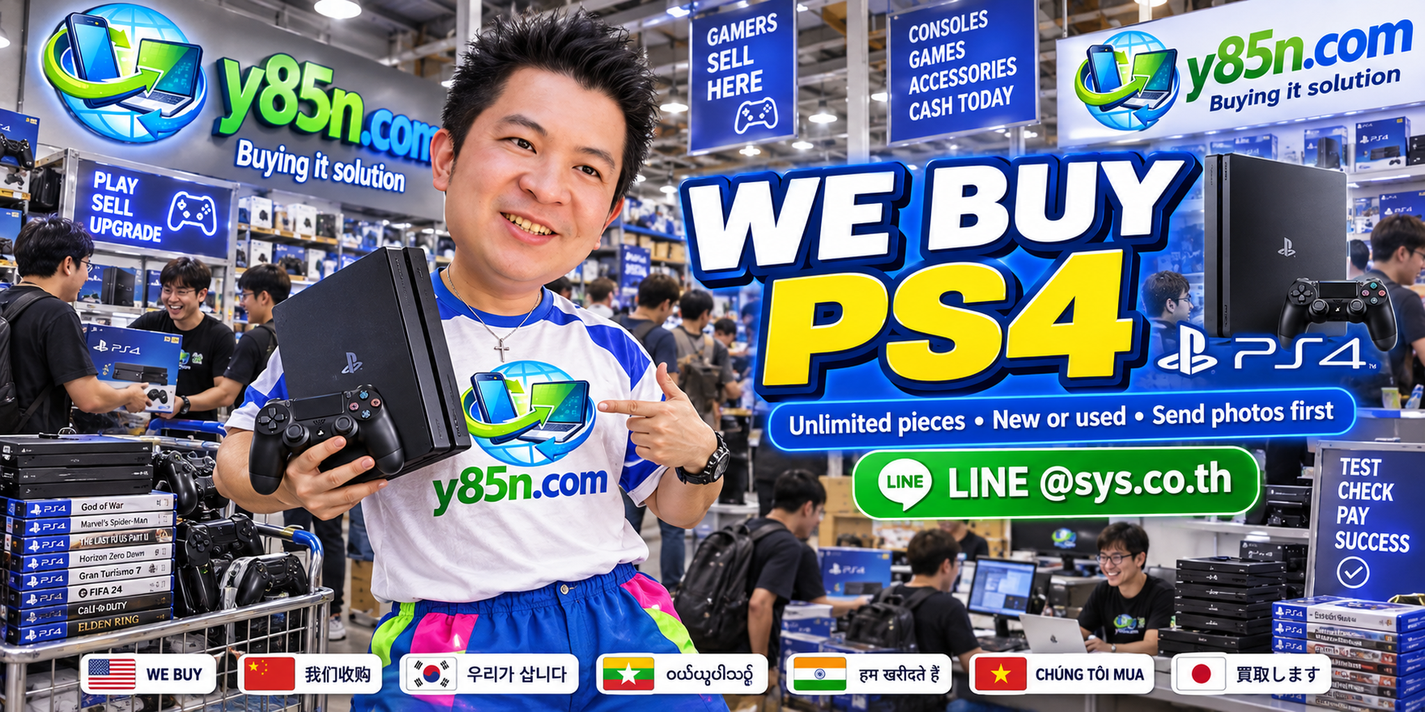 Y85N.com team buying PS4 consoles at a busy technology warehouse