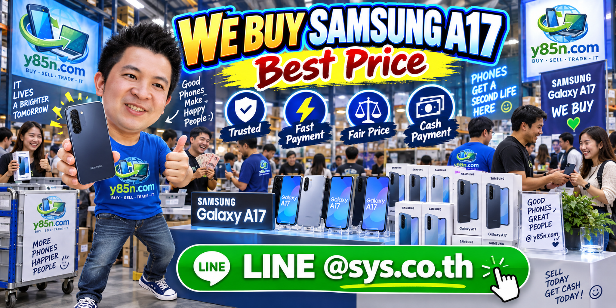 Y85N.com warehouse buying used Samsung Galaxy A17 phones with international seller support