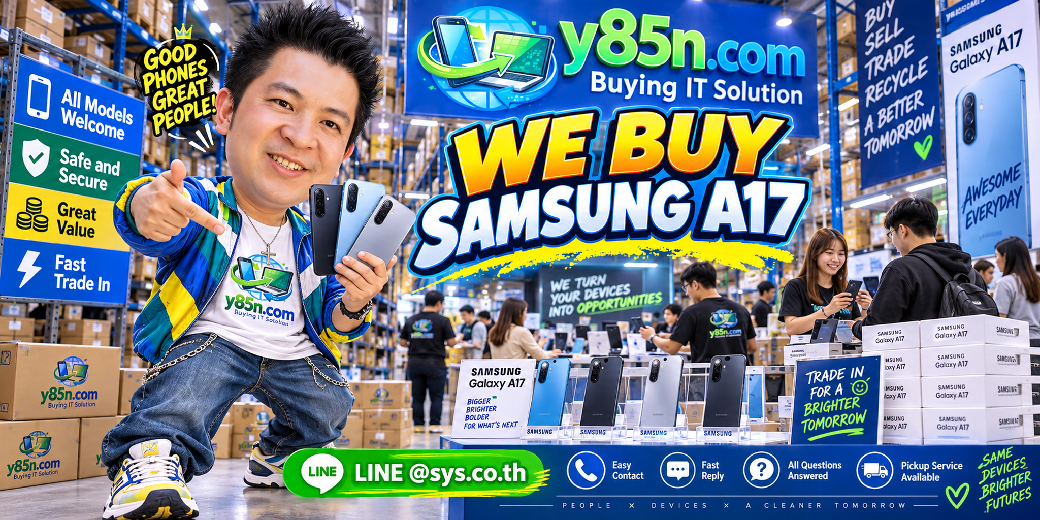 Y85N.com Samsung A17 buying contact banner with LINE at sys.co.th