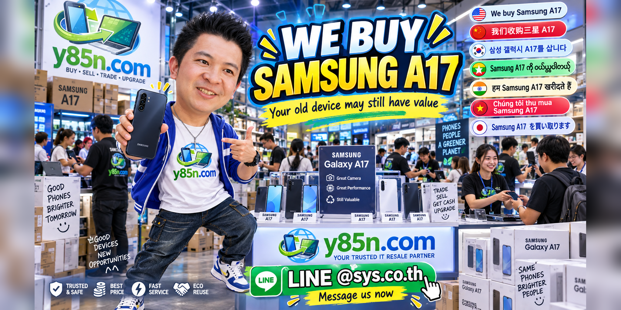Busy Y85N.com phone warehouse showing a Samsung Galaxy A17 buying service in Thailand