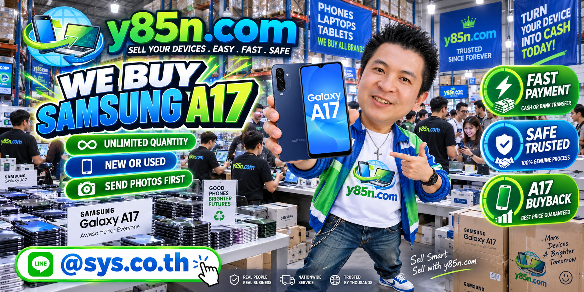 Y85N.com team and customers at a busy Samsung A17 and used phone buying warehouse