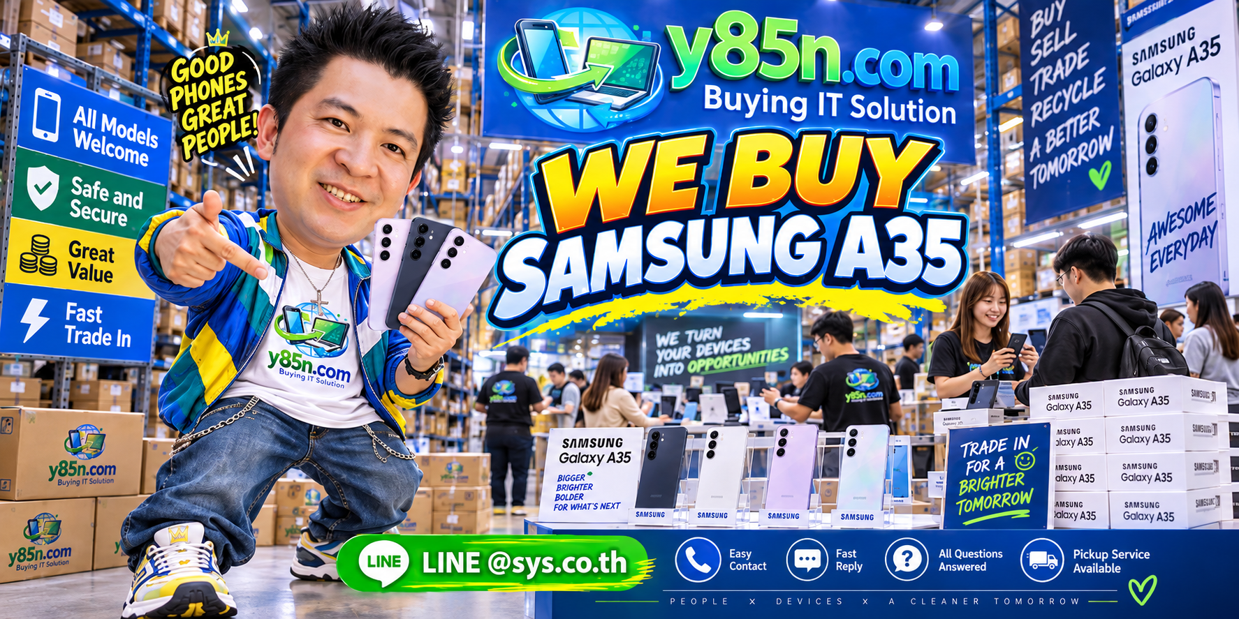 Y85N.com Samsung A35 buying service contact banner with LINE at sys.co.th