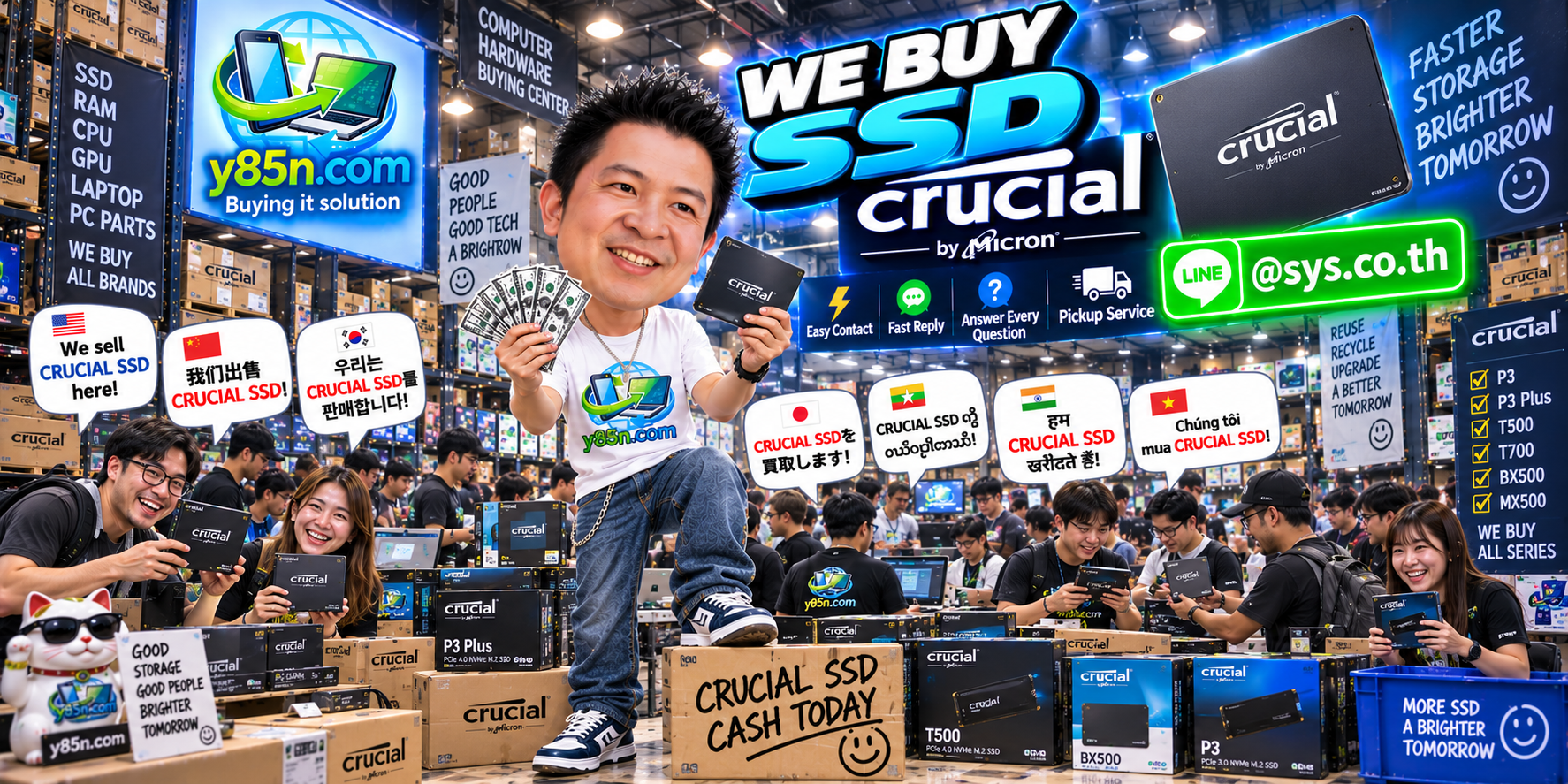 Y85N.com Crucial SSD buying contact banner with LINE at sys.co.th