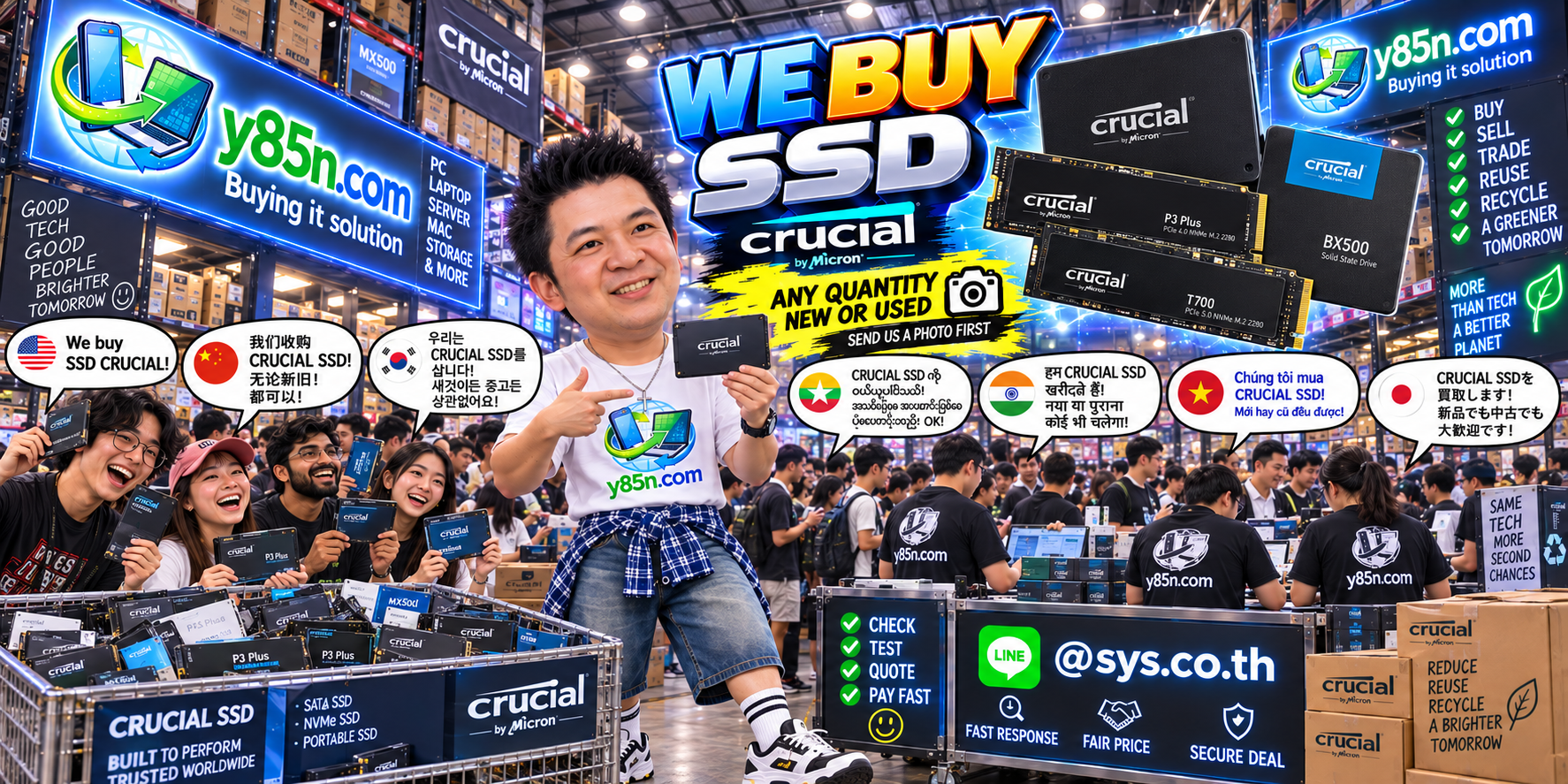 Y85N.com team and customers at a busy Crucial SSD buying warehouse