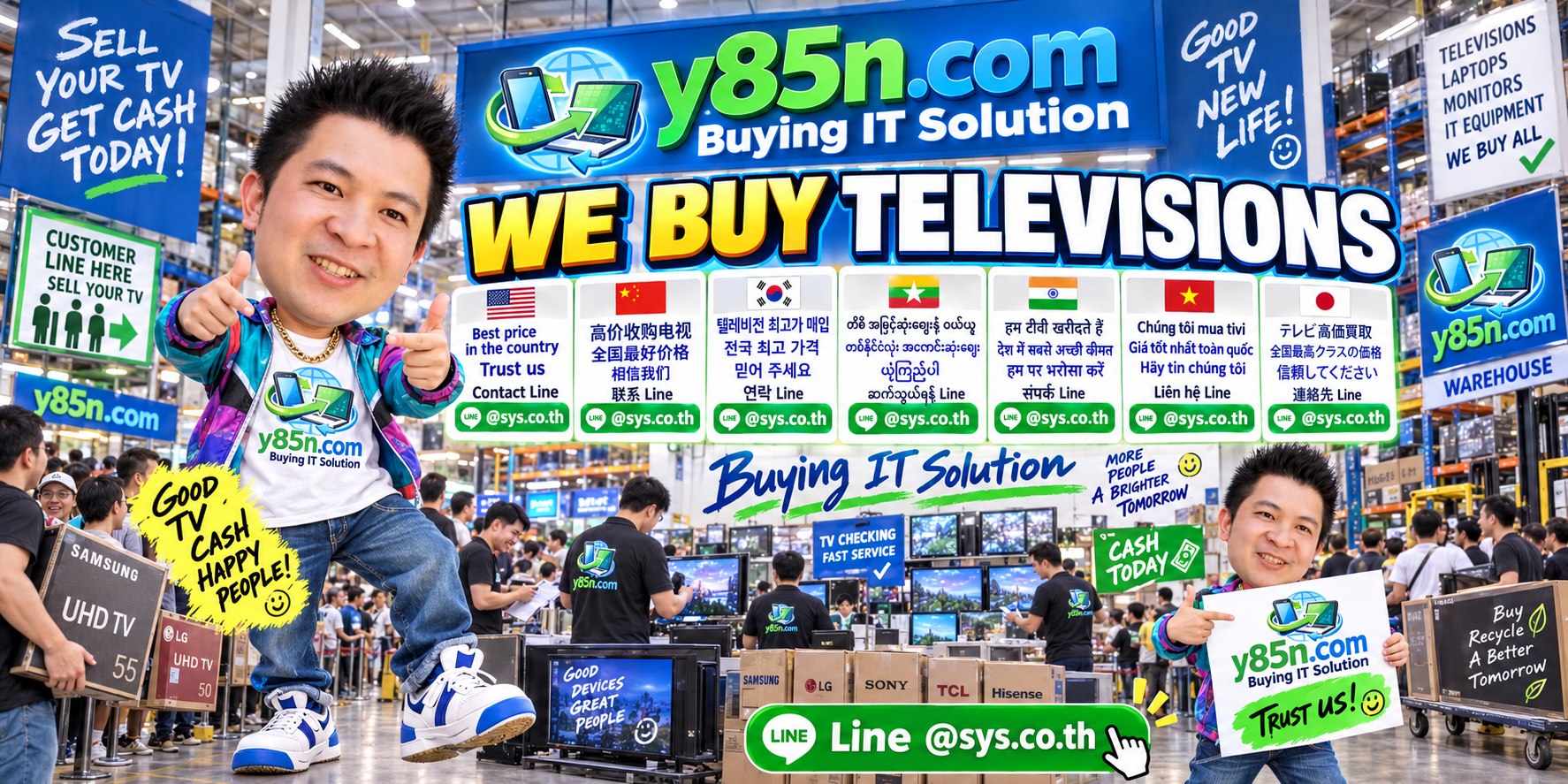 Y85N.com warehouse buying used televisions with international seller service