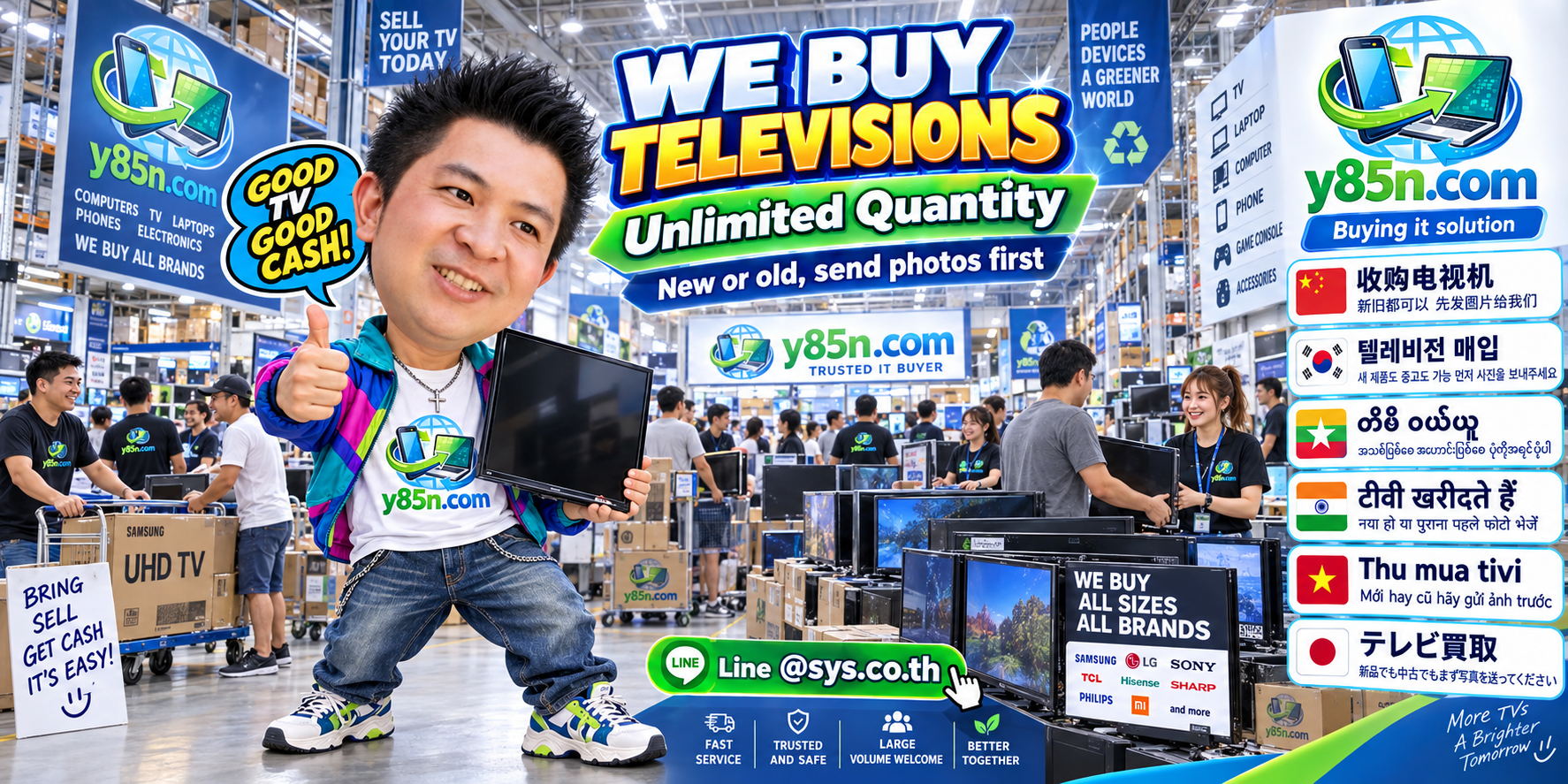 Warehouse scene showing Y85N.com buying televisions in Thailand