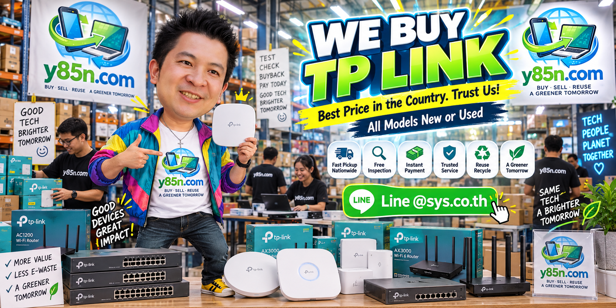 Y85N.com warehouse buying used TP Link equipment with international seller messaging