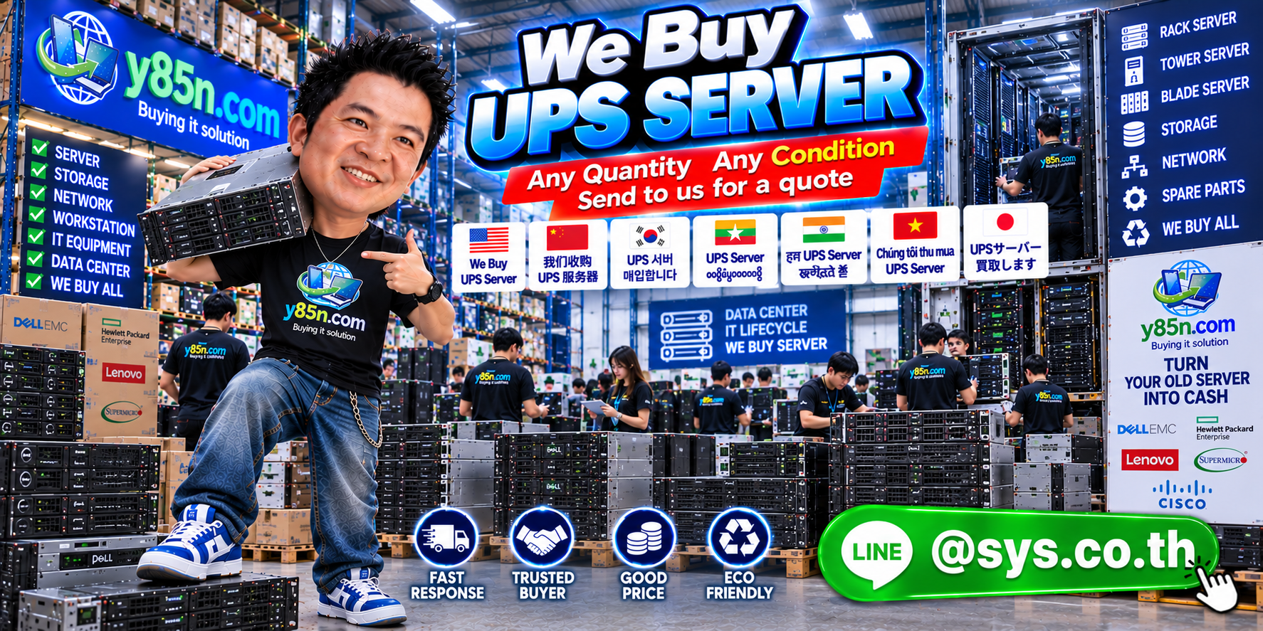 Y85N.com warehouse handling used server UPS and data center power equipment