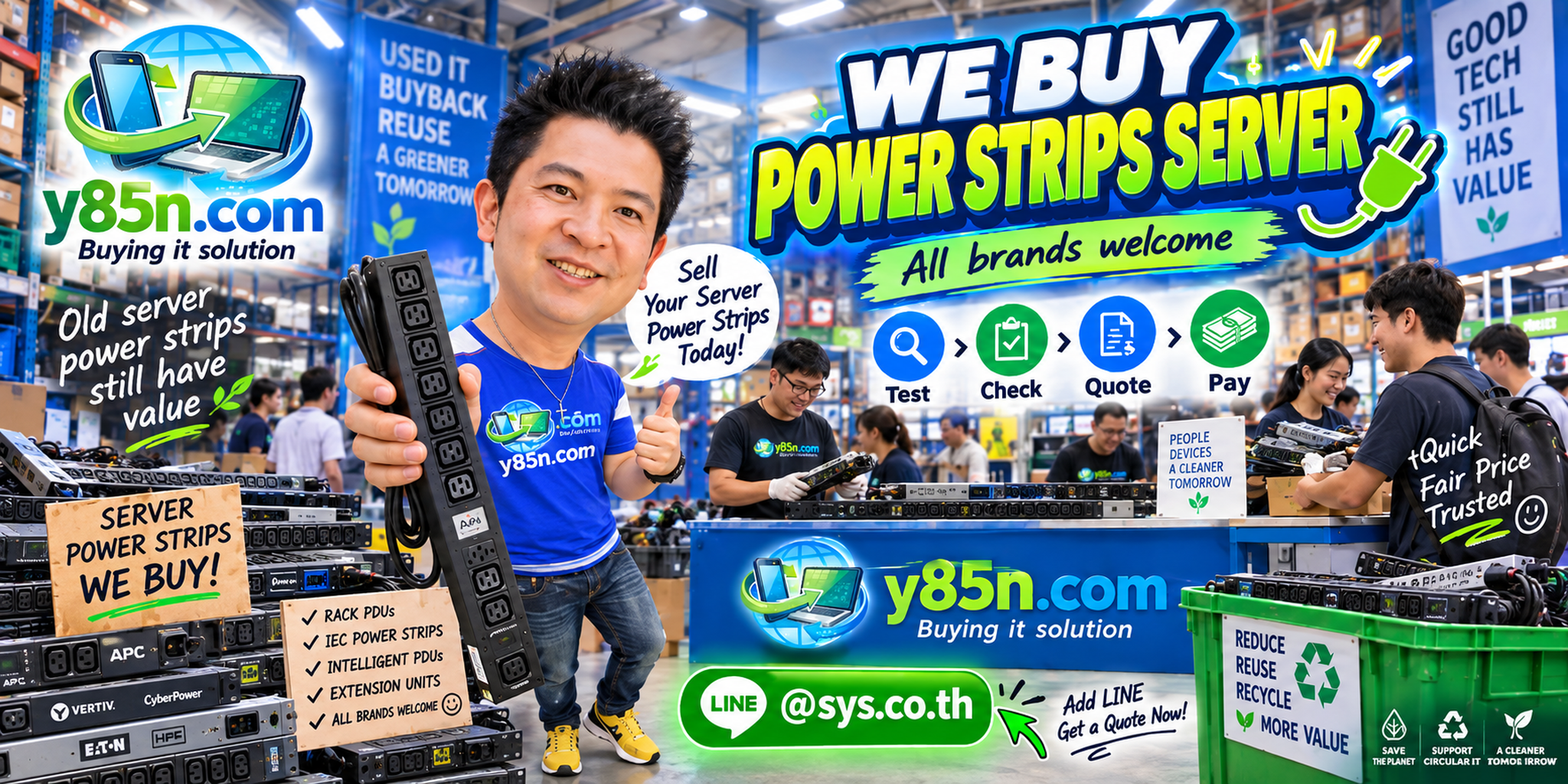 Busy Y85N.com warehouse buying used wire strippers and professional electrician tools in Thailand